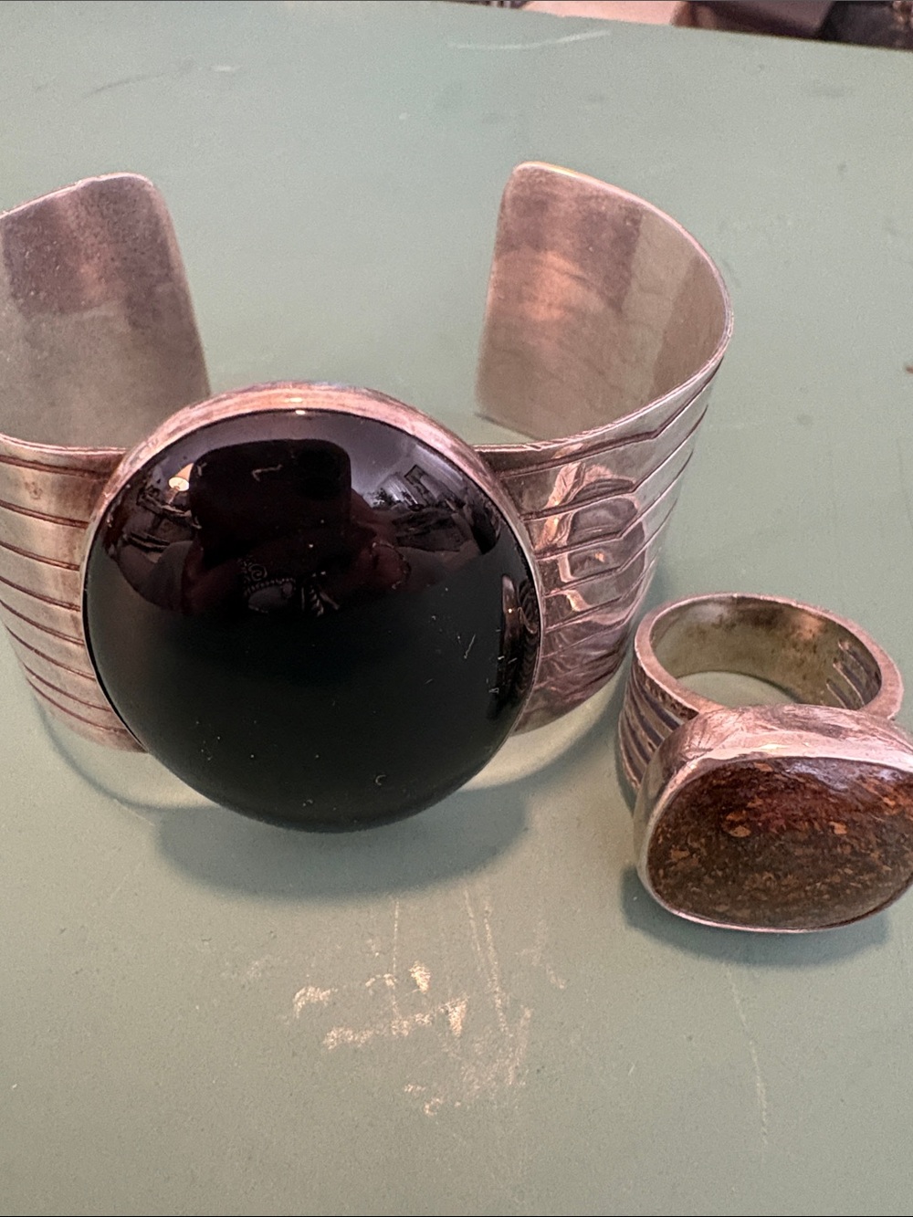 Silver Cuff Bracelet with Black Onyx Centerpiece - Women Jewelry